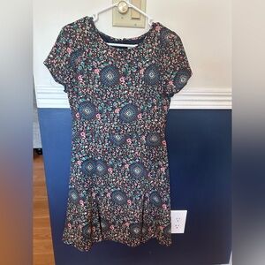 J. Crew Black Midi Dress with Pink and Teal Floral Medallions